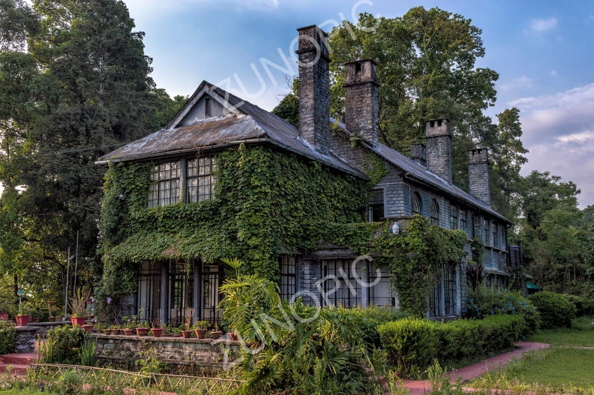 Ivy-covered stone colonial mansion in a hill-station garden