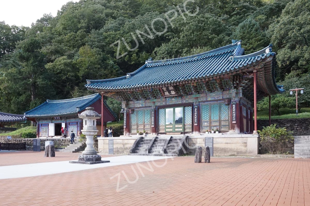 Traditional Korean Buddhist temple hall with painted eaves