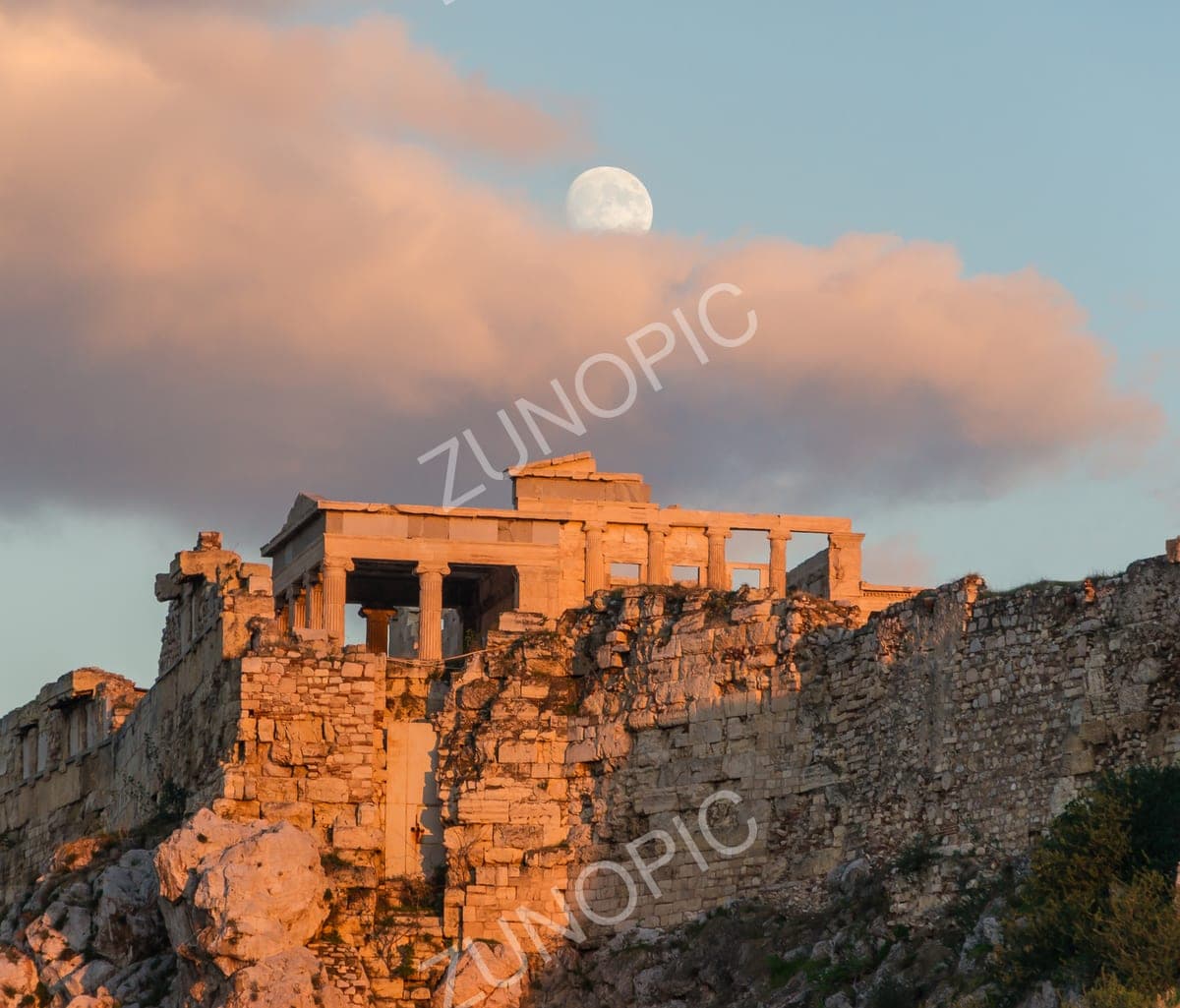 Moonrise over the Erechtheion on the Acropolis at sunset