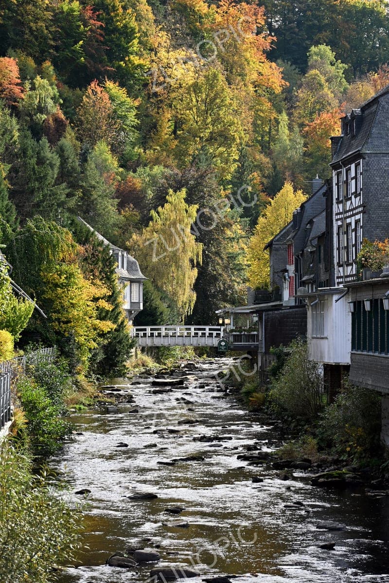 River flowing through an old town in autumn colours