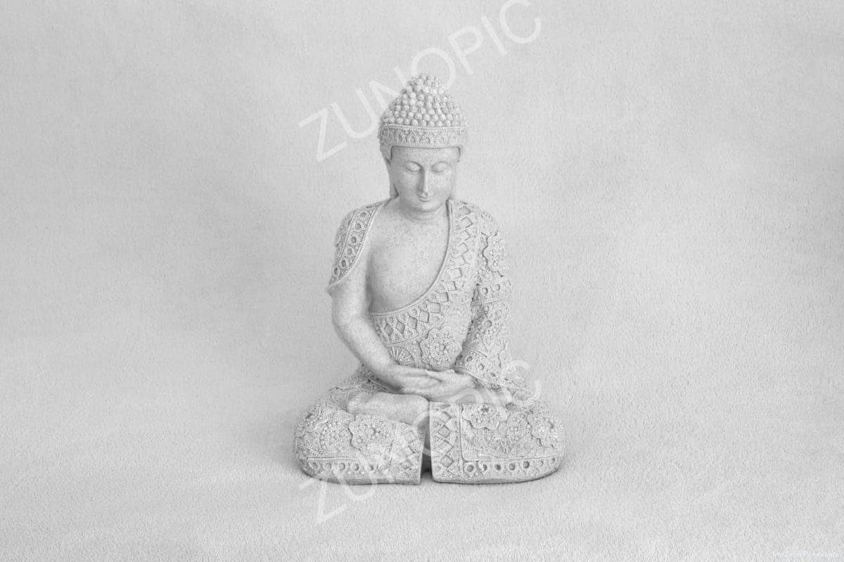 White meditating Buddha statue on a white background
