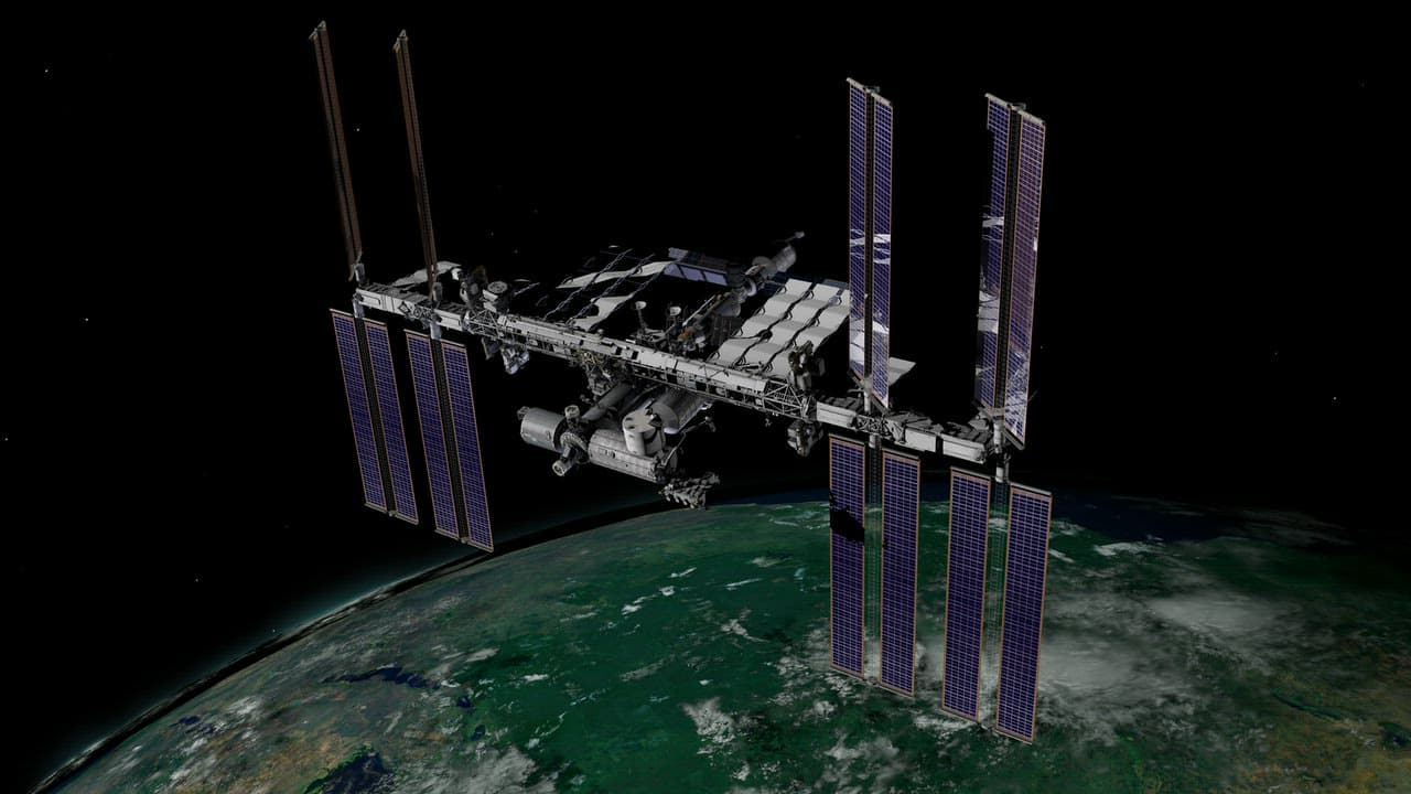 Space station scanning a forest with laser pulses